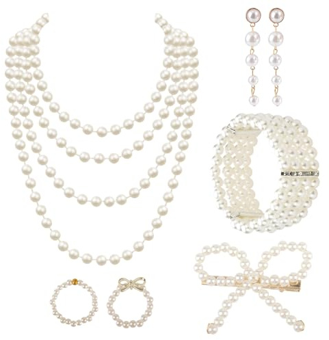 chenyu 6 Stück Perlenschmuck Set Kunststoff Perlenkette | Lang Ohrringe Ringe Armbänder Haarnadeln 20er Jahre Accessoires Perlenketten für Abschlussball Hochzeit Karneval