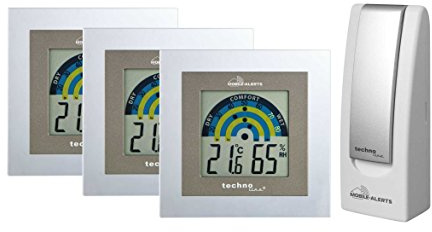Technoline Mobile Alerts MA 10011 Raumklimaset, inklusive 3 x MA 10230 und Gateway, Datenübertragung auf das Smartphon, Alarmierung via Push-Mitteilung, mit Alexa kompatibel, silber, 9,8 x 1,6 x 10 cm
