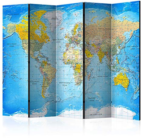 decomonkey Paravent Raumteiler Innen Weltkarte 225x172 cm 5 Teilig Beidseitig Room Divider Wall Raumteiler Stehend Trennwand Sichtschutz Spanische Wand Sichtschutzwand Wohnzimmer Holz Kontinent