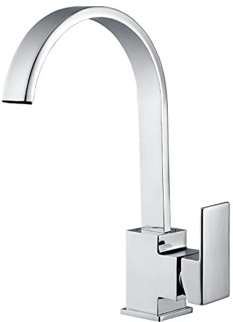 Hapilife Rubinetti per lavello da cucina in ottone massiccio finitura cromata, moderno beccuccio quadrato piatto girevole a 360 gradi, effetto cascata, rubinetto monoblocco per leva singola, con tubi