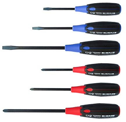 VESSEL Jeu de 6 Tournevis Supercushion Tête Plate et Cruciforme compatibles Jis/Iso/Din/Asme, Noire