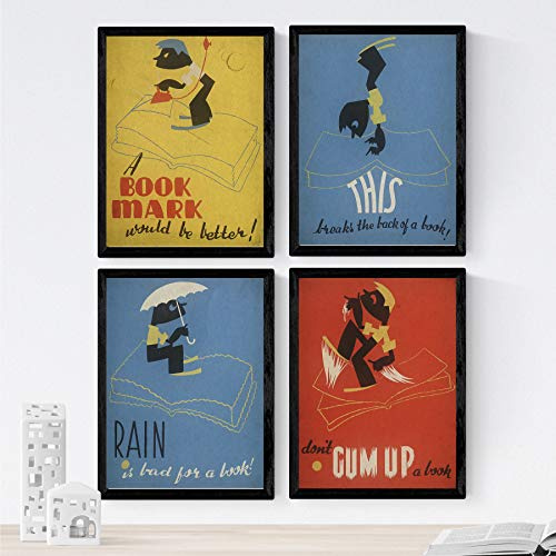 Nacnic Poster Jahrgang. Alte Plakate mit Anzeigen. Vier Vintage-Poster und Bücher Bibliothek. A4-Format