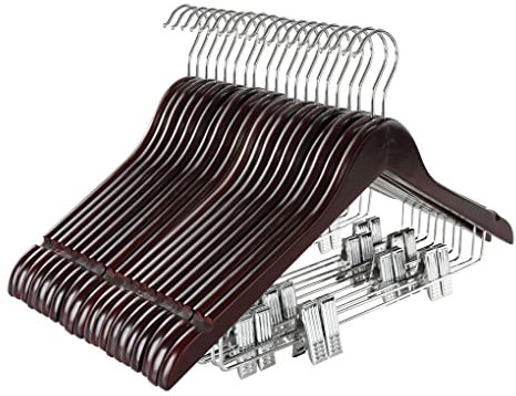 TOPIA HANGER Appendiabiti in legno con clip in metallo regolabili (confezione da 20), appendiabiti in legno massello, gancio girevole a 360°, ganci per pantaloni con finitura retrò di alta qualità,