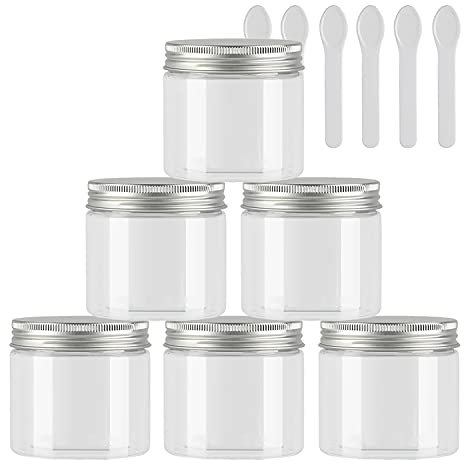 TIANZD 6 Pieces Empty 50ml Transparent Plastic Cosmetic Jars with Silver Screw Lid 50g Small Pot for Cosmetic Travel Homemade Cream Gel Lip Balm Salve Storage Containers+ 6x Spatula