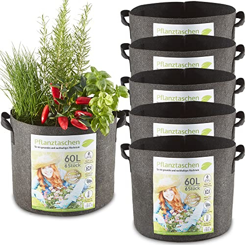 zooprinz Pflanztaschen 6x30 L – Pflanzsäcke aus Vlies | 6 Pflanzsäcke je 30 L mit Tragegriffen – für Blumen, Tomaten, Kartoffeln, Gemüse, Garten & Balkon