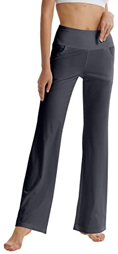 LaiEr Pantalones de Yoga de Corte de Bota para Mujer con Bolsillos de Cintura Alta Acampanados Bootleg Pantalones de Entrenamiento de Yoga con Bolsillos Laterales, Gris Oscuro, XL