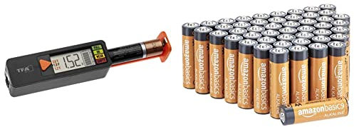 TFA Dostmann Batterietester BatteryCheck, 98.1126.01, für Batterien und Akkus (AAA, AA, C, D), schwarz & Amazon Basics AA-Alkalibatterien, leistungsstark, 1,5 V, 48 Stück (Aussehen kann variieren)