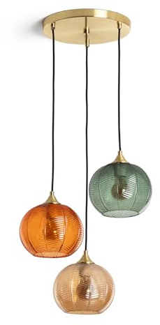 LEDKIA LIGHTING - Suspension Tri Klimt | Design classique et élégant | 3 Abat-jour en Verre | Pour Ampoules E27 | Idéale pour Intérieur | Hauteur 1500 mm, Multicolore, Ver