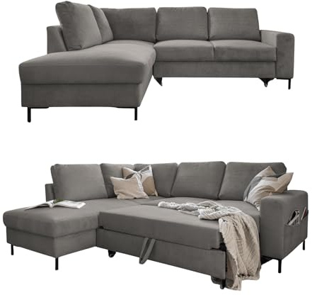 MIUFORM Lofty Lilly mit Bettfunktion| 6 Sitzer Ecksofa | L-form links | 237 x 197 x 84cm | Klappsofa mit Schlaffunktion | Schlafsofa klappbar (Kord Hellgrau)