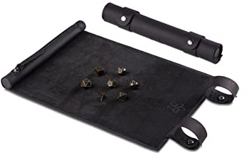Melia Games RPG Würfelmatte zum Rollen inklusive Würfel Set - handgefertigte Würfelunterlage aus Echt-Leder - Pen and Paper Matte mit Würfelfach - für Fantasy-Rollenspiele (Pure Black + Bronze Set)