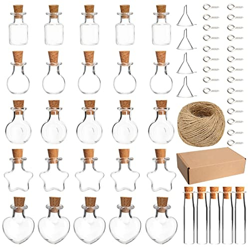 Mini Glasflaschen 30 Stück Wunsch Glasfläschchen mit Korken, 2ml Transparente Reagenzgläser mit Hanfseil Augenschrauben, Kleine Glasflasche für DIY Schmuck Anhänger Party Deko Geschenk (6 Stile)
