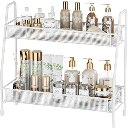 EKNITEY Badezimmer Organizer Aufbewahrung – 2 Tier Küchen Gewürzregal Bathroom Organizer for Vanity Kosmetik & Make-up Lagerung,Weiß