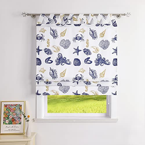 CORLIF Raffrollo Blickdicht Raffgardinen Landhaus Schlaufenrollo Küche Rollos mit Seestern Muster Kurze Fenster Gardine Weiß Mit V-Schlaufen B/H 100/140 cm