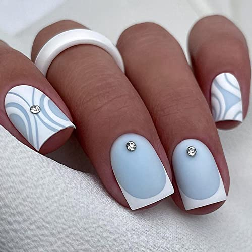 Nägel zum Aufkleben Kurze Eckig, 24 Stück Gefrostet French Tip Kunstnägel Press on Nails, Hellblau Französische Künstliche Nägel mit Nagelkleber Aufkleber, Acryl Falsche Nägel für Frauen