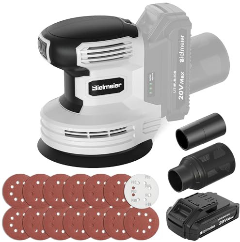 Bielmeier Lijadora orbital aleatoria inalámbrica de 20 V MAX, lijadora orbital de velocidad variable de 5 pulgadas con batería de 2.0 A, cargador, colector de polvo
