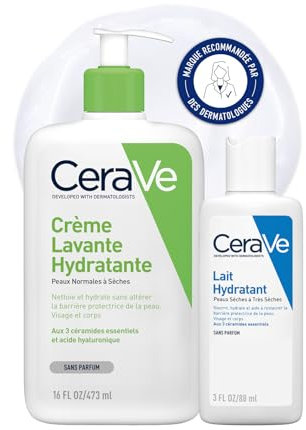 CeraVe - Routine Hydratante - Crème Lavante Hydratante 473 ml + Lait Hydratant 88 ml - Nettoie, Hydrate & Préserve la Barrière Cutanée - Soins aux 3 Céramides Essentiels - Peau Sèche à Très Sèche