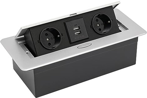 Presa da incasso a scomparsa, 2 scomparti con 2 prese USB, da incasso, con coperchio, presa per mobili, pieghevole, per cucina, ufficio, scrivania, banco da lavoro (argento)