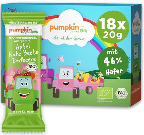 Pumpkin Organics Bio Haferriegel ohne Zuckerzusatz¹, Babys und Kinder, 18x | 18 Bio Haferriegel Rote Beete Erdbeere, ohne Zuckerzusatz¹, weniger Fruchtzucker, allergenfrei², glutenfrei³, ab 12 Monaten