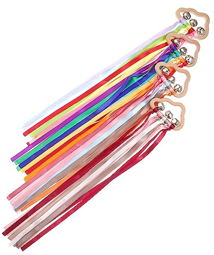 SAFIGLE 4PCS Rainbow Hand Ribbon Kite with Bells Wood Sensory Toy Rainbow Ribbon Rattle Wooden Educational Toy for Party Birthday