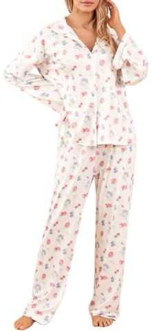 Yassiglia Women's Pyjama Sets Strawberry Print Button Down Long Sleeve Shirts Tops and Pants 2 Piece Loungewear Outfits Pjs Women's Nightwear Pyjamas for Women (White, M)