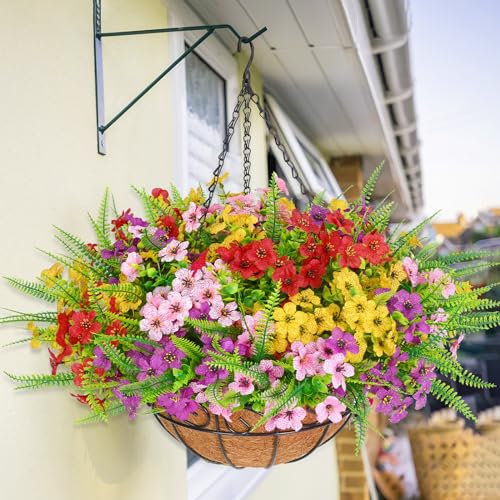 Elyum Artificial Hanging Flowers for Outdoors, UV Resistant Fake Flowers with Hanging Baskets, Artificial Flowers for Decoration Outdoors Garden, Spring Decor for Patio Porch(Mixed Color)