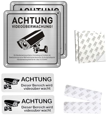 YanBous 4 Piezas de Carteles de Advertencia de Videovigilancia, Aluminio Autoadhesivo,Incluye Cinta Adhesiva, Resistente a la Intemperie y Duradero para Interiores y Exteriores (8,5 x 3 y 15 x 15 cm)