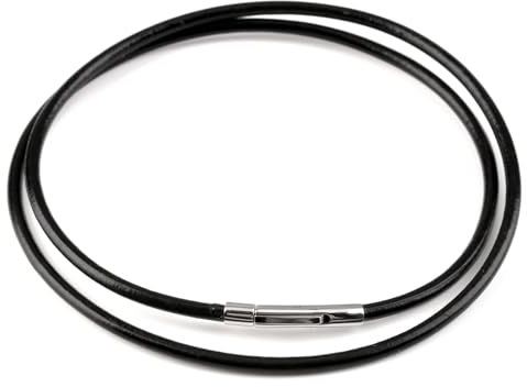 Hugfads Lederkette für Damen und Herren, echtes Glattleder, Verschluss aus Edelstahl, einfache und sichere Befestigung aus Edelstahl, schwarze Kordel von 3 mm für Anhänger, verschiedene Größen