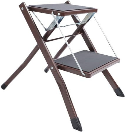 Sgabello Pieghevole Scaletta a 2 Gradini, Capacità 120 Kg, Ampio Pedale Antiscivolo, Piastra in Ferro Verniciato Lucido, Caffè, Design Portatile, Tappetino in PP per Uso Multiplo