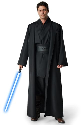 IEEILULU Costume da Jedi da Uomo, Abito Medievale con Cappuccio, Spada Laser Blu, Mantello e Tunica per Halloween, Carnevale (Nero, XL)