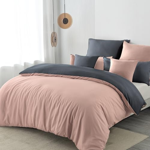 Nesture Bettwäsche 135x200 2teilig Rosa/Anthrazit Bettwäsche Sets Microfaser Wendebettwäsche 135 x 200, weich & bügelfrei 1 Bettbezug + 1 Kissenbezug 80x80cm mit Reißverschluss