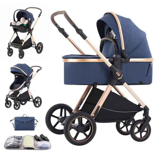 Shineey Kinderwagen 3 in 1,Puppenwagen Buggy Faltbarer Kinderwagen Set, Kombikinderwagen 3 in 1 mit Großer Bequemer Babywanne, Laufwagen Rahmen Aluminiumlegierun (D2 BLUE, H2-D)