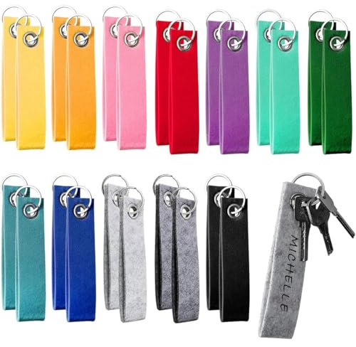 PEVRUAY 24 Stück Schlüsselanhänger Filz, Bunter Filz Schlüsselanhänger Rohling mit Edelstahl Ring Blanko Filzanhänger Beschriftbar Schlüsselring für DIY Handwerk Dekoration Taschen Basteln (13 * 3cm)