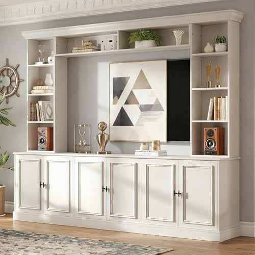 97.4W Elegant 4-Piece Wall Unit Entertainment Center with Bookshelf for TVs Up to 70, Versatile TV Stand with Adjustable Shelf, Mid-Century Media Console with Bridge for Living Room, White
