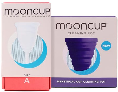 Mooncup® The Original Silicone Menstrual Cup Starter Kit Bundle, Reusable, Ultra Soft & Easy Insert, Great for Heavy Flows, Size A, Age 30+ or Post Vaginal Birth & Mooncup Menstrual Cup Cleaning Pot