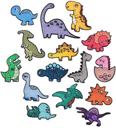 Kemuz 15 Pcs Parches Dinosaurios Termoadhesivos para Ropa, Pegatinas Bordados Infantiles con Plancha, Parches de Tela para Camisetas/Mochilas, DIY Regalos Niños - Incluye Astronauta y Cohete