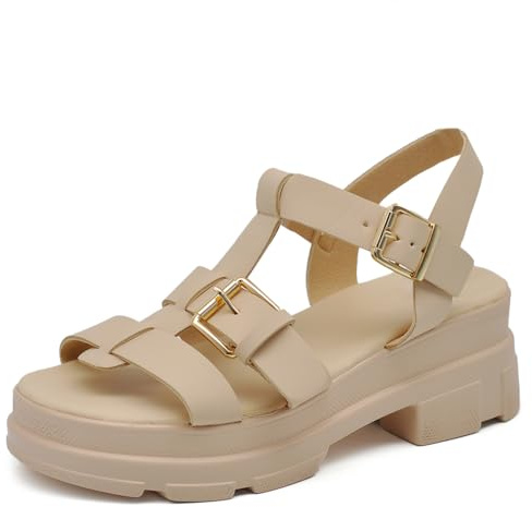 IF Scarpe Sandali da Donna con Fibbie e Fasce Platform Piatta forma In Pelle Sintetica GH-819 Beige N.39