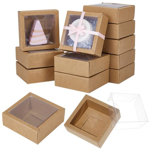 BENECREAT 20 Stück Quadratische Papierboxen Mit PVC Fenster 6.5x6.5x3cm Kraftpapier Geschenkbox Zum Verpacken Hochzeit Gunst Festivalgeschenk Kleines Kunsthandwerk
