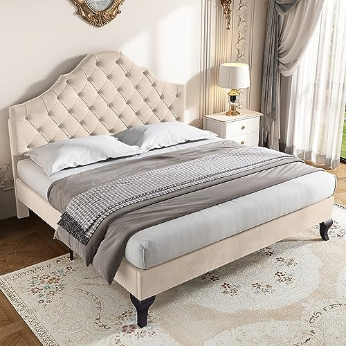 Letto matrimoniale imbottito 140 x 190 cm con rete a doghe, testiera imbottita regolabile in altezza, con classica imbottitura a bottoni, piedini stabili alti, letto imbottito per adulti e adolescenti