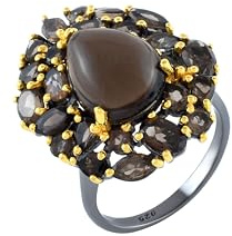 Bague en argent sterling 925 plaqué or rhodium noir quartz fumé poire 16 x 12 mm marquise 5 x 3 mm ovale 6 x 3 mm rond 7 x 5 mm 5 x 3 mm 2 mm pierres précieuses naturelles à facettes SZ- 57 (18,1), P