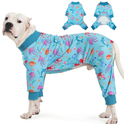 Katzinst Hund Pyjamas 3XL, Einteiliger Hundeoverall für Große Hunde, Leck-Schutz nach Operationen, Hundeschlafanzug für Große Hunde, Winter Schlafanzug für Hund | Blau - 3XL