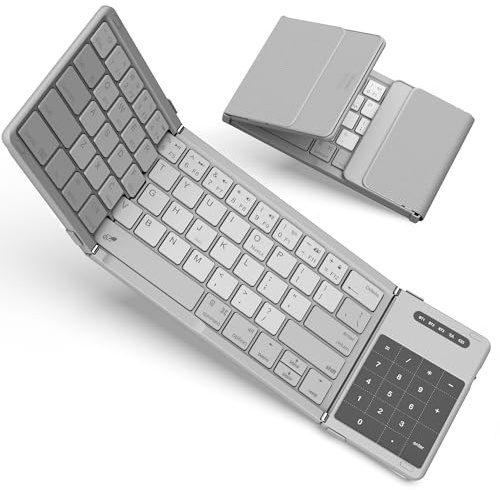Nillkin Faltbare Bluetooth Tastatur mit Touchpad, Wiederaufladbare Klapptastatur mit Ziffernblock, Tragbare Mini-Tastatur für iPad, iOS, Android und Windows Laptop & Tablet, Leder-Grau（QWERTY）