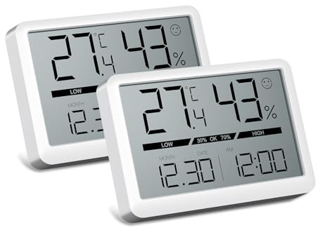 CHEREEKI Thermometre Interieur, Hygrometre Interieur, Thermometre Chambre Bebe avec Horloge, Moniteur de Température et d'Humidité Digital pour Maison, Serre, Bureau, Cave
