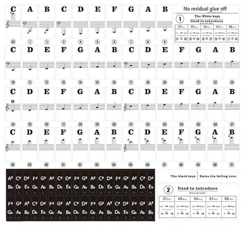 Piano Keyboard Stickers for 37/49/54/61/88 Key Keyboards, Colorful Removable Note Stickers for White & Black Keys, Transparent Labels for Kids & Beginners