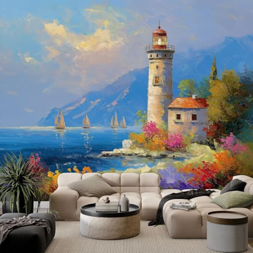 Fotomurales 3D Faro junto al mar flores 250x175 cm Papel Pintado Fotográfico, Decoración De la Pared Murales para Salón, Dormitorio, Habitación para Niños, Pared de TV