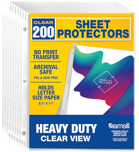 Samsill 200 Pack Heavy Duty Sheet Protectors, Crystal Clear, 8.5x11 Inch Page Protectors for 3 Ring Binder, Letter Size Protectors, Reinforced Holes, Clear Protector, Top Loading, Acid Free