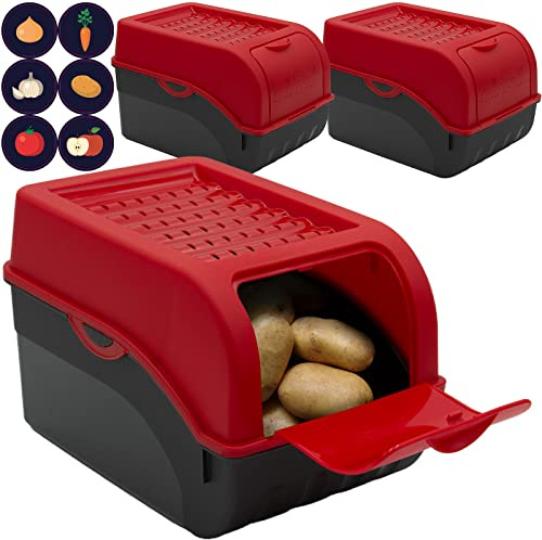 ARTECSIS® 3 x Kartoffel Aufbewahrungsbox mit Deckel für 4 kg Kartoffeln (rot) - Vorratsbehälter & Vorratsdosen Gemüse & Lebensmittel - Kartoffelbox, Zwiebelbox, Gemüsebox (inkl. 6 Aufkleber)