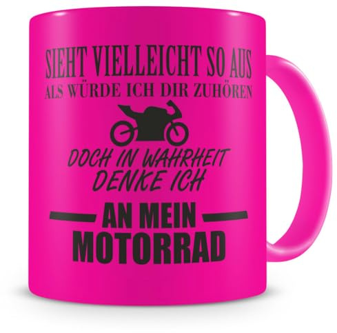 Samunshi® Tasse mit Spruch Ich denke an mein Motorrad Geschenk für Männer Kaffeebecher Kaffeepott 300ml neon pink