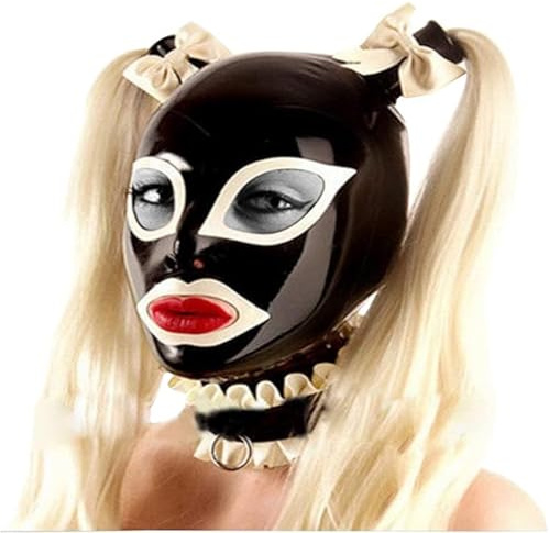 MFMYEE Latexhaube, Gummi-BDSM-Fetisch-Bondage-Maske – Halloween-Maske, Cosplay-Haube aus Latex mit Schmetterlingsgewebe