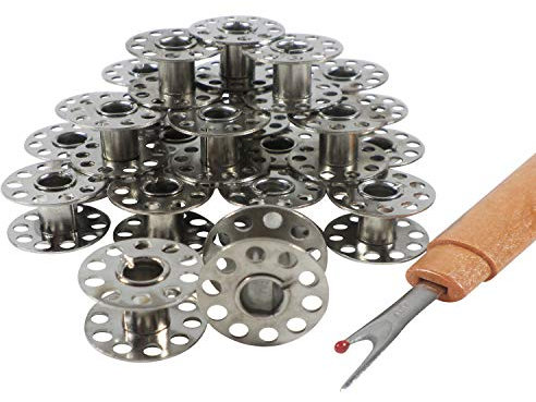 Handarbeit-Lieblingsladen 50 Stück Premium-Nähmaschinenspulen aus Hartmetall, 22 x 11 mm, für AEG, Singer, Brother, Carina, Elna, Privilig u.v.m., inkl. Nahttrenner