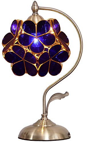 Bieye Tischlampe im Tiffany-Stil mit Buntglas und Blütenblättern, mit Messingsockel für die Inneneinrichtung (Blau, 8 Kirschblüte)